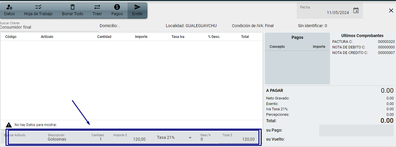 cargar productos para emitir una factura electrónica